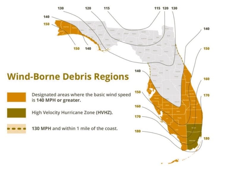 Florida wind-borne debris region map with wind speeds